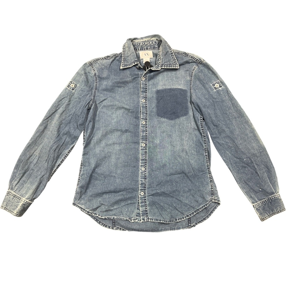 Armani Exchange Mens Medium Wash Denim Button Down Shirt Size M Blue Cotton